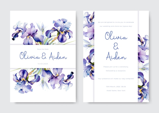 紫の花の結婚式の招待状のテンプレート 花色の水彩