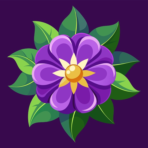 Vector a purple flower with green leaves and a yellow center