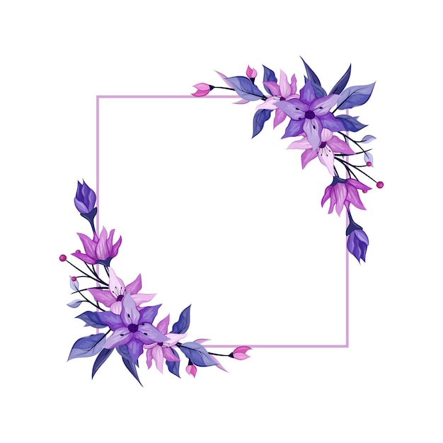 Purple flower with purple line watercolor floral square frame luxurious floral elements botanical background