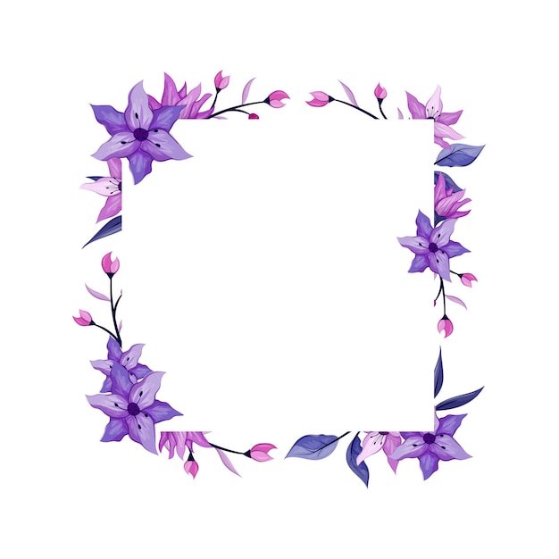 Vector purple flower with purple line watercolor floral square frame luxurious floral elements botanical background