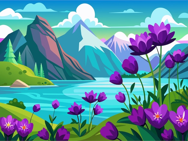 Вектор Фиолетовые цветы цветут над горами