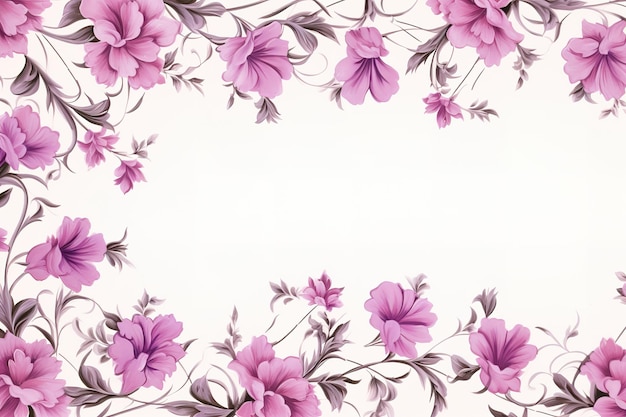 Vector purple flowers creating a floral border on a white background