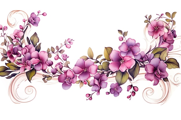 Vector purple flowers creating a floral border on a white background