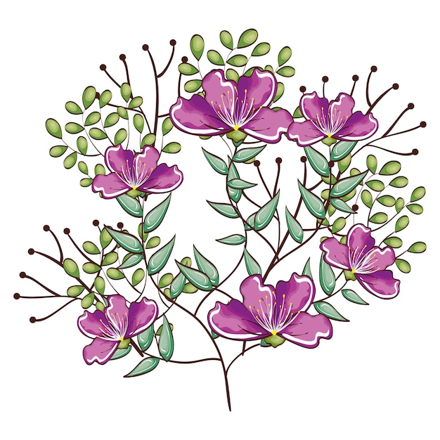 Фиолетовые цветы с ветвями и зелеными листьями