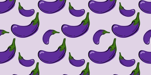 Purple fresh eggplant seamless pattern. Vector illustration, hand drawn or doodle style.