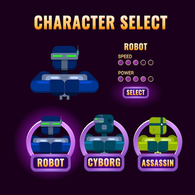 Vector purple game ui character selection