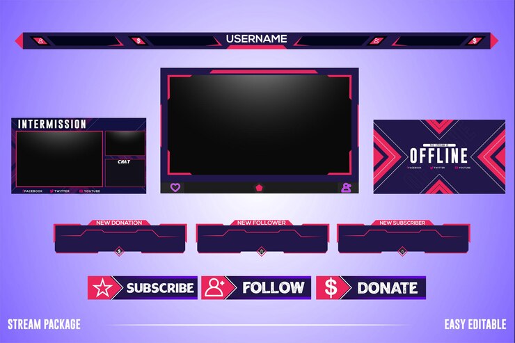 Vector purple gaming panel set design template