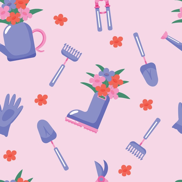 Purple gardening tools and accessories with flowers seamless\
pattern vector