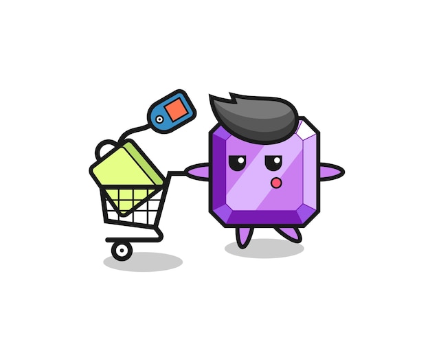 Purple gemstone illustration cartoon with a shopping cart , cute style design for t shirt, sticker, logo element