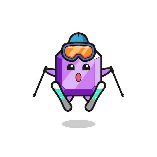 Purple gemstone mascot character as a ski player , cute style design for t shirt, sticker, logo element