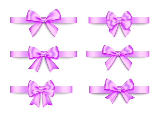 紫色のギフトの弓は、白い背景で隔離を設定します。クリスマス、新年、誕生日の紫の装飾。バナー、グリーティングカード、ポスターの現実的な装飾要素をベクトルします。
