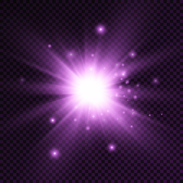 Esplosione di luce incandescente viola bagliore di stelle luminose raggi di sole viola effetto luce bagliore di sole