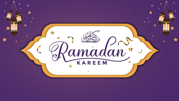 A purple and gold background with a purple background and the words ramadan kareem.