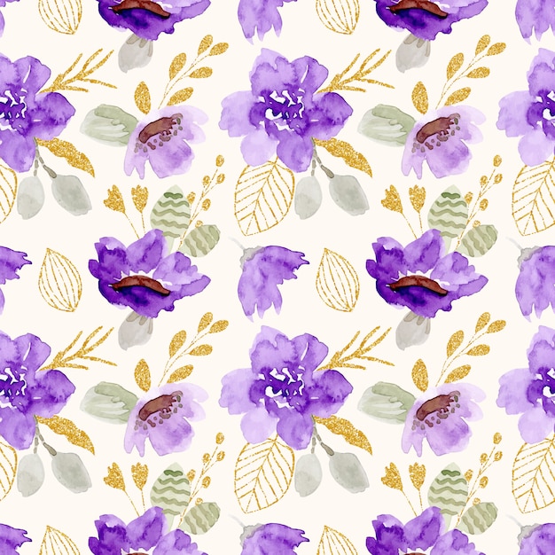 Vector purple gold floral watercolor seamless pattern