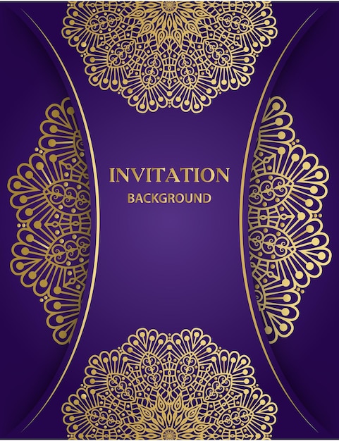 A purple and gold invitation with a gold pattern.