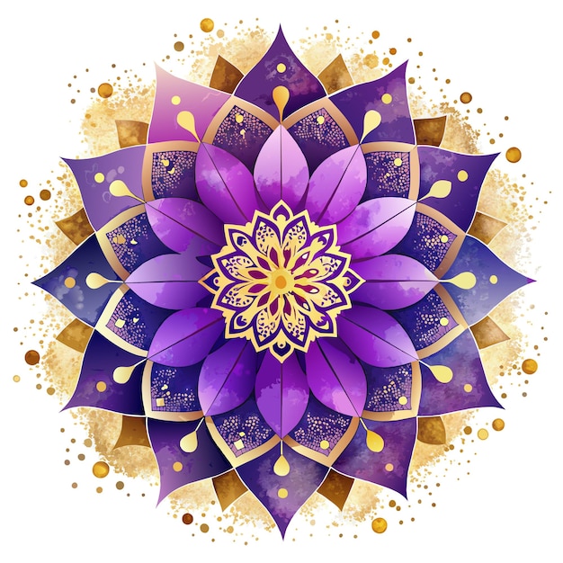 A purple and gold mandala with a gold center The flower is surrounded by a white background