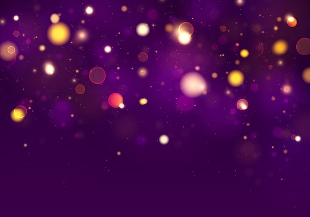 Purple and golden luminous background with lights bokeh.