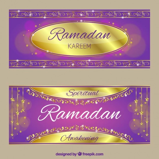 Vettore striscioni ramadan viola e dorato
