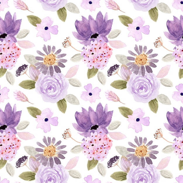 purple green floral watercolor seamless pattern