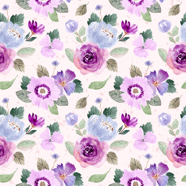 Purple green floral watercolor seamless pattern