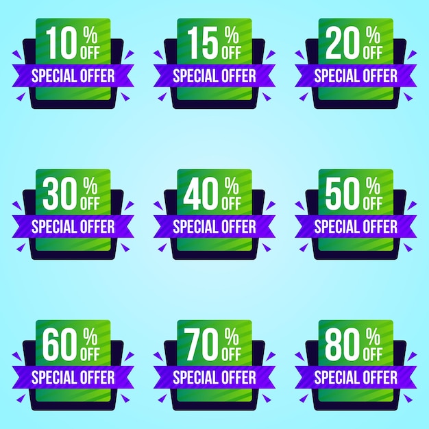 Purple green special offer different percent sale discount banner and price tag set, up to 10 off