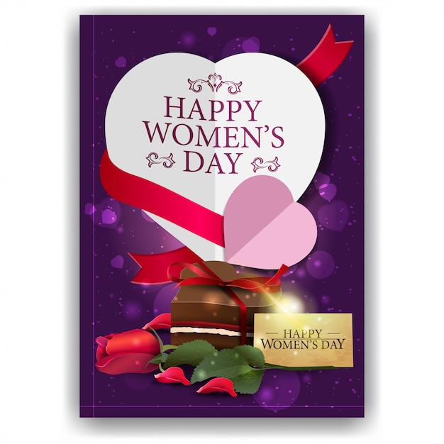 Purple greeting postcard for women's day with candy and rose