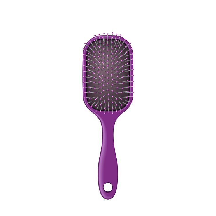Purple hairbrush for everyday hair care and brushing Hairdresser tool plastic comb icon isolated on white background Hygiene concept Realistic vector illustration