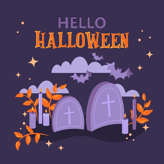 Purple Happy Halloween holiday greeting postcard. Hello Halloween, Magic candles, bats and tombstone