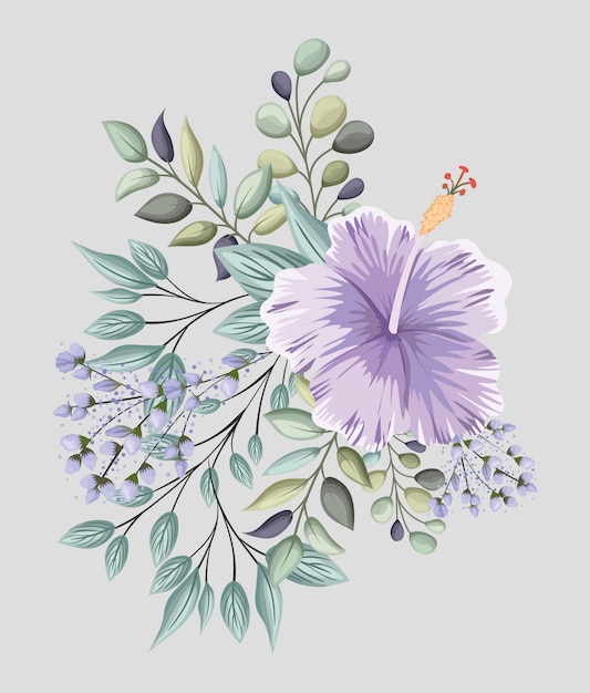 Purple hawaiian flower with leaves painting design, natural floral nature plant ornament garden decoration and botany theme illustration