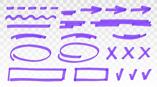 Набор фиолетовый маркер - линии, стрелки, кресты, галочка, овал, прямоугольник, изолированные на прозрачном фоне. маркер выделяет подчеркивание штрихов. вектор рисованной графический стильный элемент.