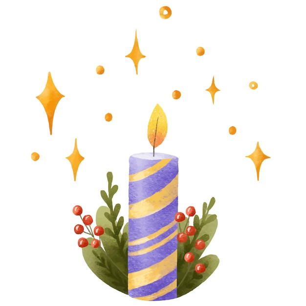 Purple holiday candle with New Year's twigs and berries Cute fe