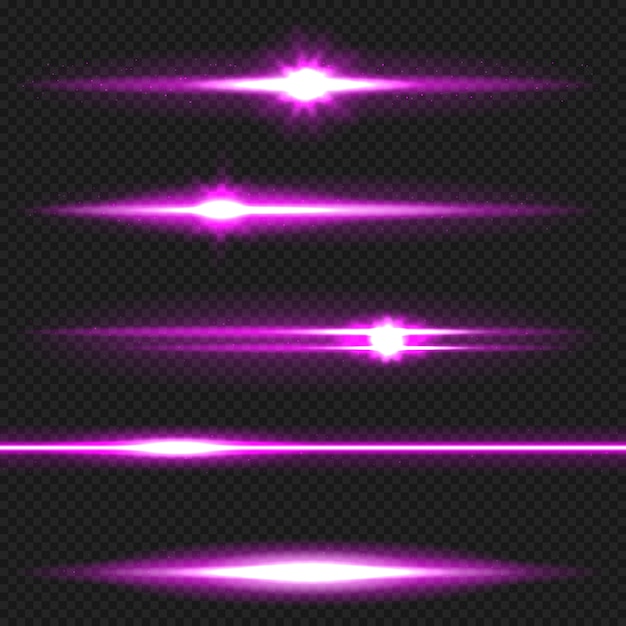 Purple horizontal lens flares pack. laser beams, horizontal light rays.