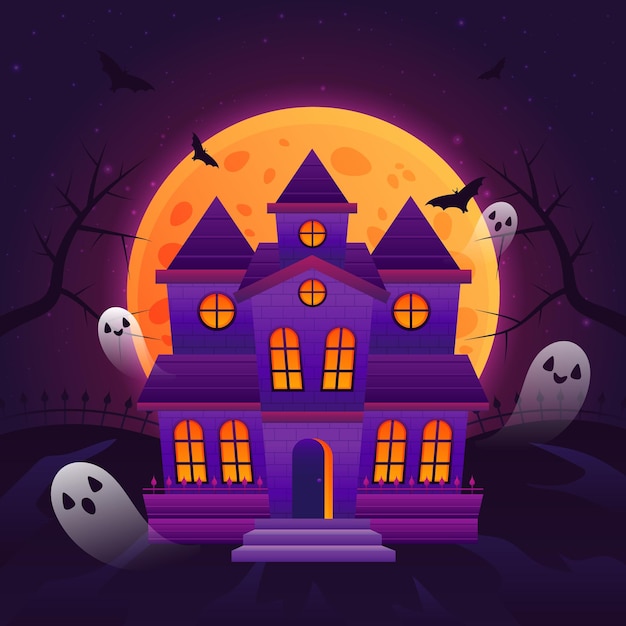a purple house with bats flying in the sky