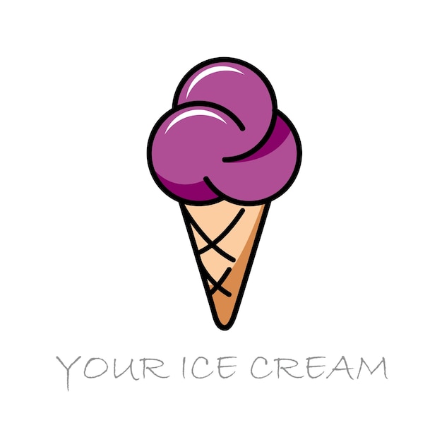 Il gelato viola nel cono di waffle icona a contorno piatto vettoriale illustrazione in stile cartone animato