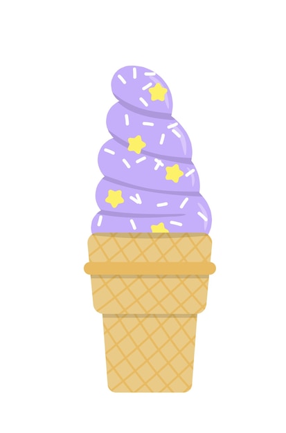 紫のアイス クリーム ワッフル ソフト クリームと白と黄色の振りかけるフラット漫画のベクトル