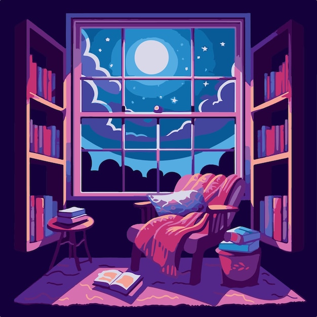 A purple illustration of a chair in a room with a book on the shelf.