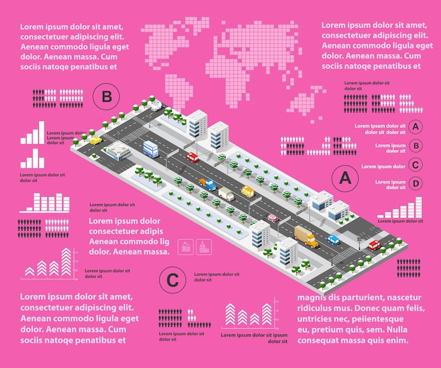 Purple illustration infographics of urban road transport and traffic in the field