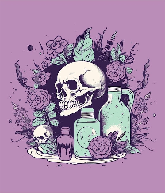 A purple illustration of a skull and some flowers.