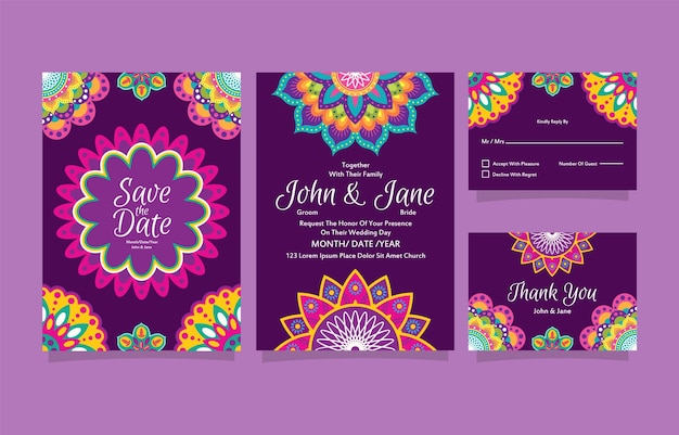 a purple invitation for a wedding with a flower design on it