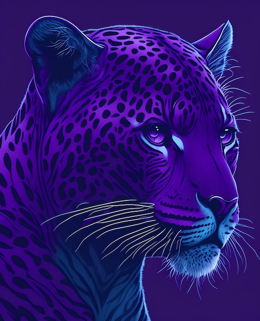 A purple jaguar with blue eyes and a purple background.