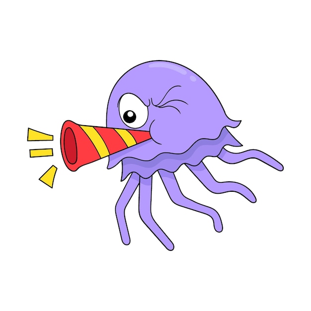 Purple jellyfish celebrating new year blowing trumpet doodle icon image kawaii