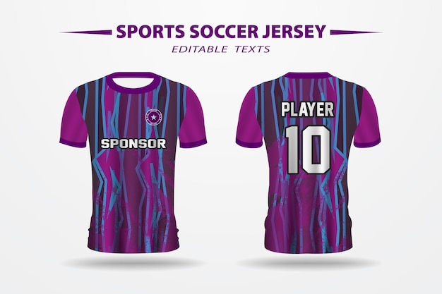 Purple jersey that says sports soccer jersey on the back.