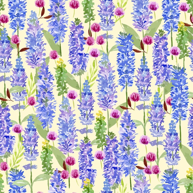 Vector purple lavender and globe amaranth watercolor seamless pattern