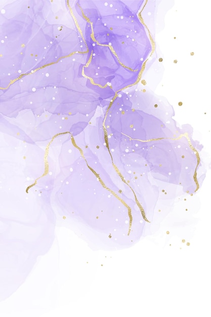 Фиолетовый лавандовый жидкий акварельный фон с золотыми линиями