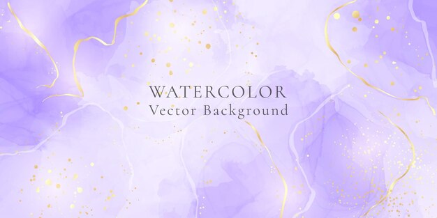Vector purple lavender liquid watercolor background with golden lines