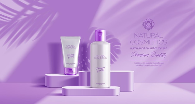 Purple lavender podium mockup with palm leaves and cosmetics vector products display background Purple podium with cosmetic bottles of cream moisturizer for premium luxury product display mock up