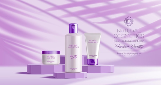 Purple or lavender podium with cosmetics Luxury cosmetics package advertisement showcase template skincare cream and shampoo presentation composition realistic vector background with leaf shadows