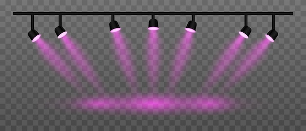 purple lighting set projector multiple spotlights angled beams warm glow ceilingmounted fixtures stage illumination event setup contemporary design interior lighting electric decor
