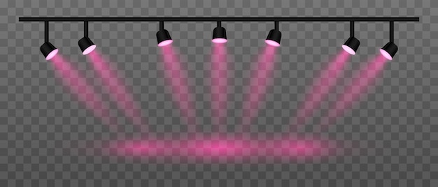purple lighting set projector multiple spotlights angled beams warm glow ceilingmounted fixtures stage illumination event setup contemporary design interior lighting electric decor