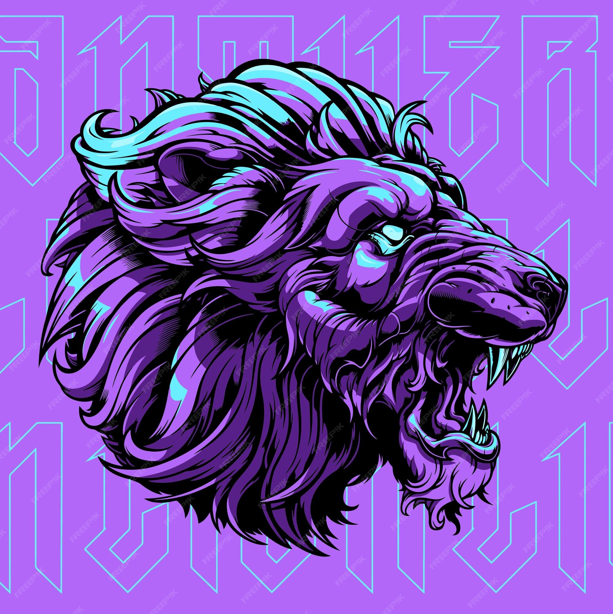 Premium Vector | A purple lion with a blue mane and a purple background.